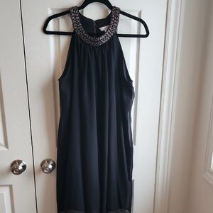 Charming Charlie Black Trapeze Dress with Embellished Neckline L